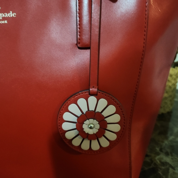 Kate Spade Cherry Red Leather Tote with Floral Charm EUC - Picture 2 of 16